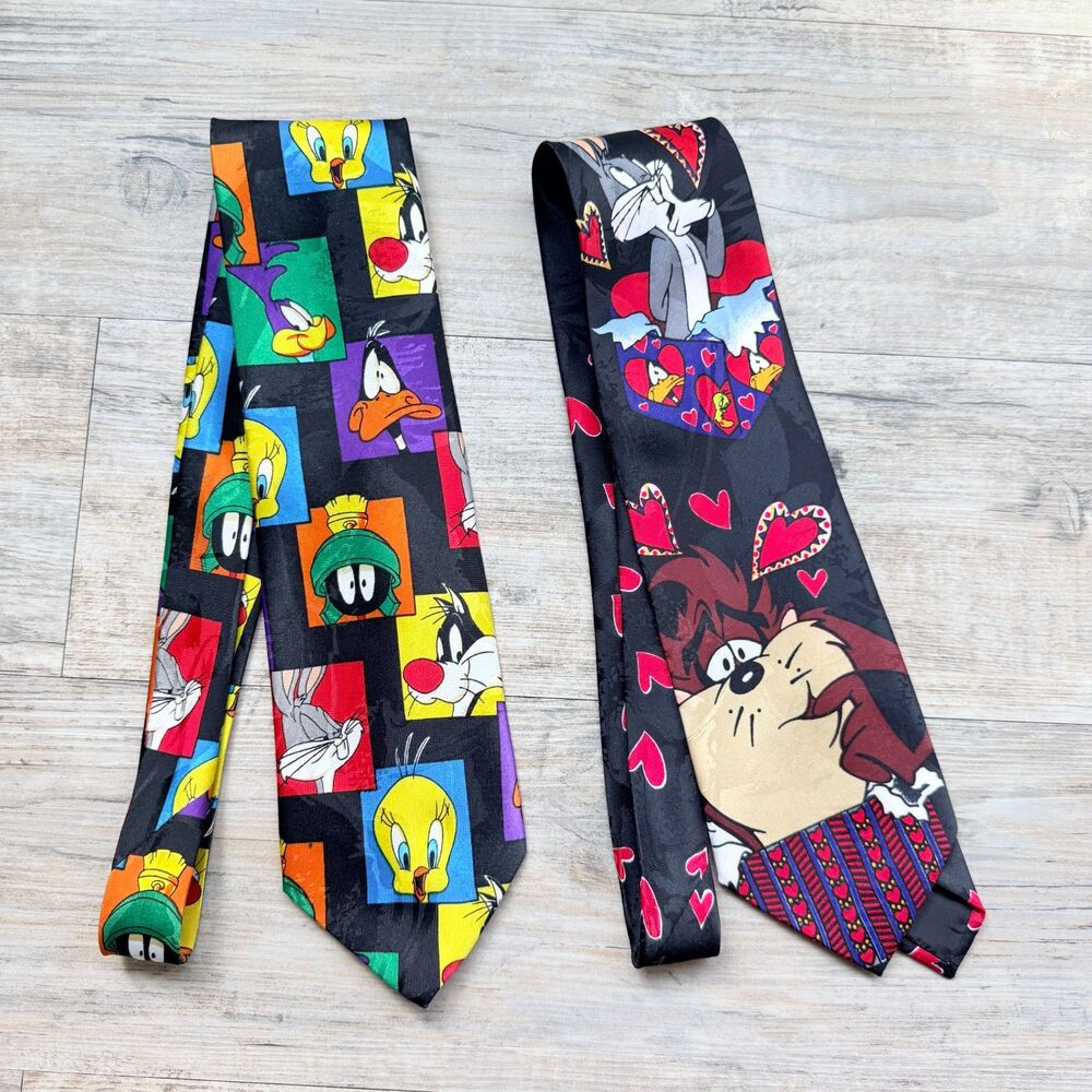 Vintage Looney Tunes Mania Cartoon Character Neck Tie Lot of 2 Bugs Bunny 1994